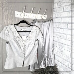 Barrie Pace 100% Silk Midi Skirt Sz 8 Silver Satin, Metallic Top